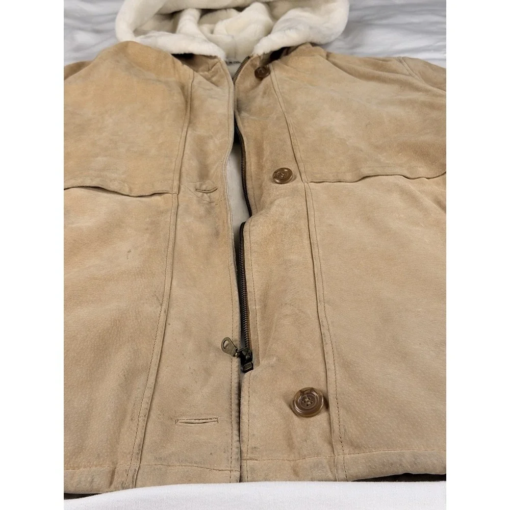 Vintage Marvin Richards Shearling Suede Leather Hooded Coat Womens L Tan